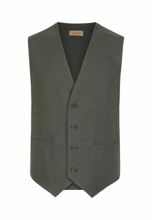 Dunkelgrüner Weste aus strukturiertem Stoff, V-Ausschnitt, fünf Knöpfen und zwei vorderen Taschen. Figurbetonte Form mit spitzem Saum.