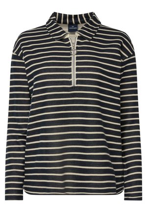 Pull-over à manches longues rayé navy et crème. Il dispose d'un col à demi-zip et d'une coupe décontractée avec un tissu doux et texturé.