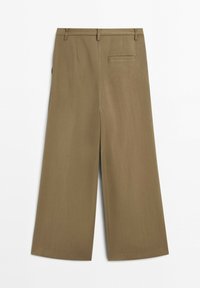 High-waisted, wide-leg khaki trousers with belt loops and a single back welt pocket, laid flat on a white background.