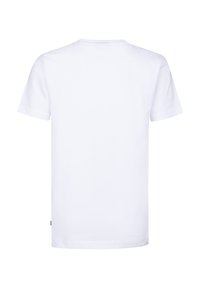 Camiseta blanca de manga corta de algodón, con cuello redondo y corte recto, sin logotipos ni diseños visibles en la parte posterior.