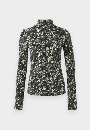 Jachetă cu mâneci lungi din fabrică elastică, cu un model floral alb-negru, având un guler înalt și o croială ajustată.