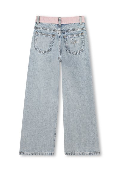 Light blue wide-leg jeans with a pink waistband. Features include two back pockets and embroidered detailing on the right pocket.