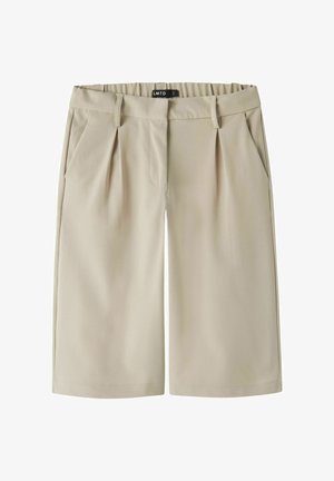 Beige, skreddersydd shorts til knelengde med frontlegg, sidelommer, beltehemper og elastisk midje bak.