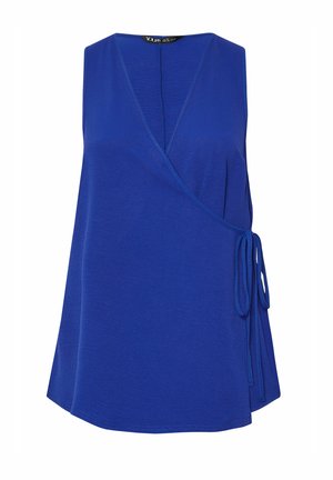 Top sin mangas de color azul real con estilo cruzado, cierre lateral con lazo y escote en V, hecho de tela suave y ligera.