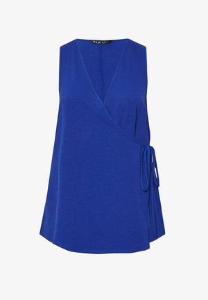 Top sin mangas de color azul real con estilo cruzado, cierre lateral con lazo y escote en V, hecho de tela suave y ligera.