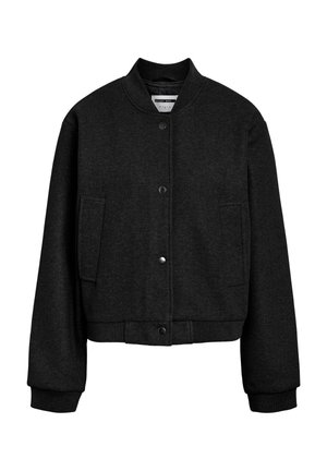 Blouson aviateur en laine noire avec col, poignets et ourlet côtelés, fermeture avant à boutons-pression et deux poches latérales, présenté sur fond blanc.