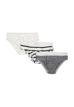 Tre paia di mutande da donna: una bianca unita, una bianca a righe blu navy e una blu navy a righe bianche; materiale in cotone, cintura elastica.