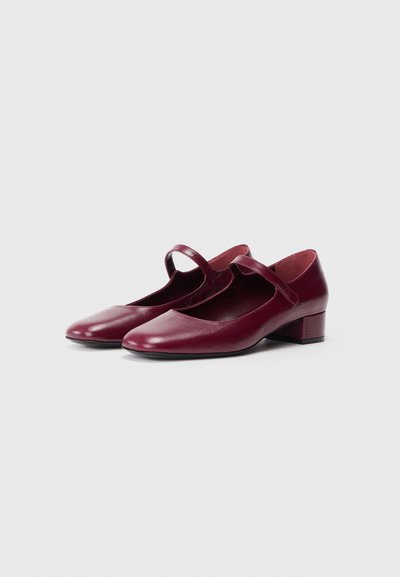 Scarpe Mary Jane in pelle bordeaux con tacco basso a blocco, punta arrotondata e una sola strap sopra il collo del piede. Texture liscia e design minimale.