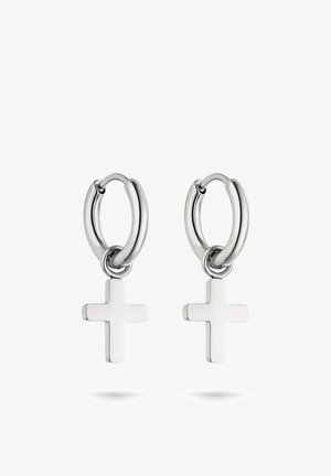 Silberne Creolen mit einem einfachen Kreuzanhänger. Das Design ist glatt mit einem polierten Finish und einer leichten, modernen Form.