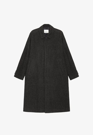 Palton lung din lână în carouri houndstooth, maro închis și negru, cu guler, închidere cu nasturi, buzunare laterale și mâneci lungi.