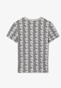 T-shirt grigio a maniche corte con un motivo geometrico ripetuto nero di forme e linee stilizzate su tutta la parte posteriore.