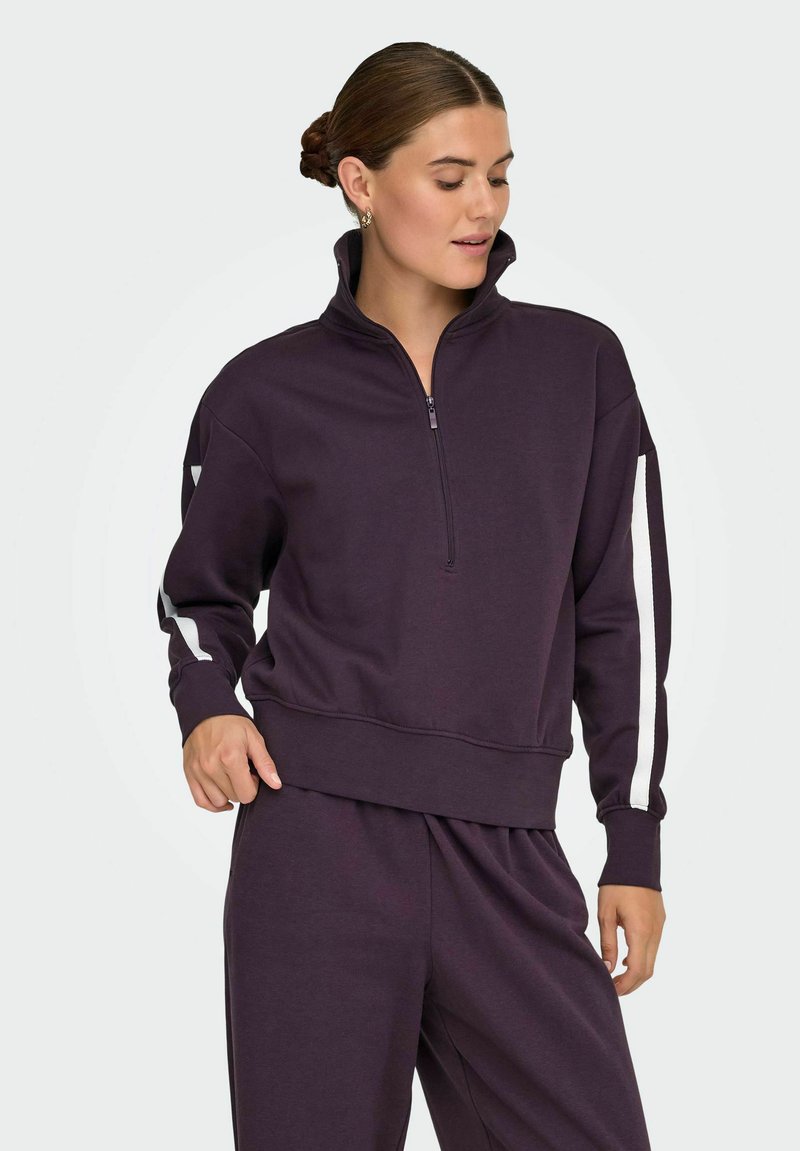 Paarse half-zip pullover van zachte stof, met witte strepen op de mouwen en een ontspannen pasvorm met ribgebreide manchetten en tailleband.