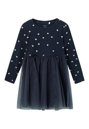 Marineblå kjole til små børn med lange ærmer, små hvide hjerte mønstre på toppen og et lagdelt tylskørt.