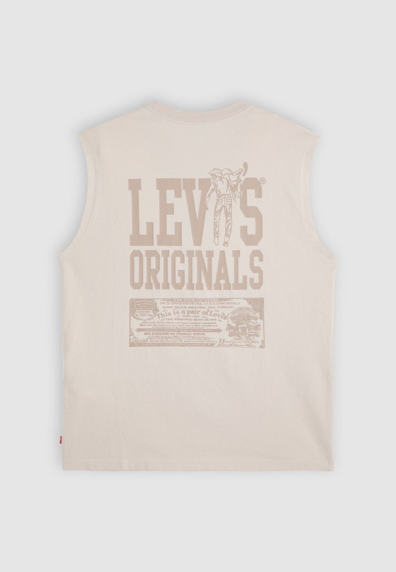 Camicia beige senza maniche con grande scritta "Levi's Originals" e grafica etichetta vintage stampata in marrone chiaro sulla schiena.