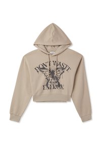 Przycięta beżowa bluza z kapturem na sznurki, z czarną grafiką motyla i napisem "NIE TRAC ZASOBÓW ENERGII" w wyraźnej typografii.