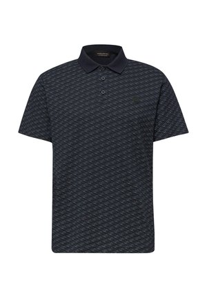 Granatowa, krótkorękawowa koszulka polo z subtelnym, całkowitym wzorem, plisą na trzy guziki i jednolitym kołnierzykiem.