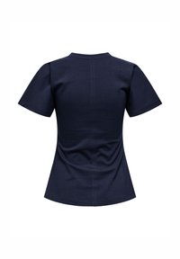 Marineblå kortærmet t-shirt med lige kant og rund halsudskæring; har en glat tekstur og en figursyet pasform.