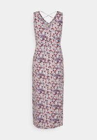 Floral midi dress in white with purple and red floral patterns. Features a V-neck and crisscross back. Made from lightweight fabric.