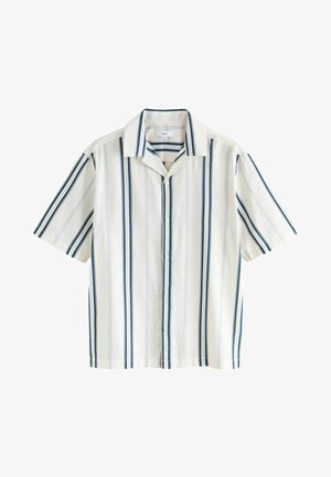 Kurzärmeliges Hemd aus leichtem Stoff mit vertikalen Streifen in Dunkelblau und Hellblau auf weißem Hintergrund. Knopfverschluss.
