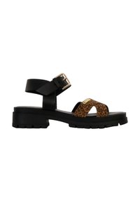 Sandal in pelle nera con tacco spesso, cinturino con stampa leopardata, fibbia regolabile alla caviglia e suola in gomma texturizzata per una buona aderenza.