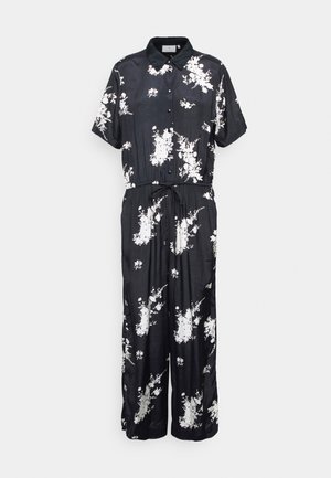 Schwarzer Blumen-Jumpsuit mit kurzen Ärmeln, Kragen, elastischem Bund und Bindegürtel. Hat überall weiße Blumenmuster.