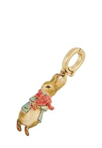 Gold charm depicting a rabbit wearing a blue jacket and red scarf, attached to a gold clasp for jewelry or accessories.