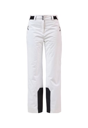 Weiße Schneehosen mit schwarzen Akzenten. Verfügt über eine seitliche Reißverschlusstasche, zwei Knopfverschlüsse und ein gerades Bein Design mit verstärkten Knien.
