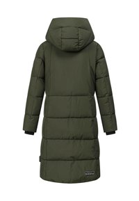 Groene lange gewatteerde jas met een capuchon, met een gewatteerd ontwerp, elastische manchetten en een logopatch aan de onderzijde rechts.