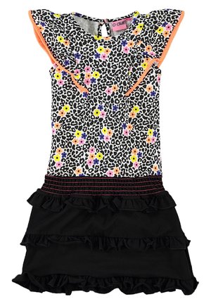 Robe pour filles avec imprimé léopard noir et blanc, petites fleurs colorées, bordure orange aux manches volantes et jupe à volants noire en couches.
