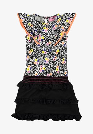 Robe pour filles avec imprimé léopard noir et blanc, petites fleurs colorées, bordure orange aux manches volantes et jupe à volants noire en couches.