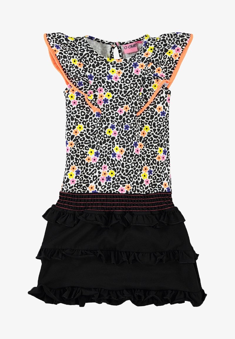 Robe pour filles avec imprimé léopard noir et blanc, petites fleurs colorées, bordure orange aux manches volantes et jupe à volants noire en couches.