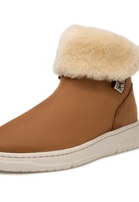 Stivaletti in pelle marrone con un colletto in pelliccia sintetica crema, suola in gomma bianca e dettagli di cucitura sottili. Design elegante e aerodinamico.