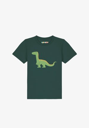 Donkergroen kindert-shirt met korte mouwen en een eenvoudige cartoon van een groene dinosaurus met oranje driehoekige stekels op zijn rug.