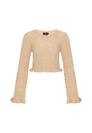 Dzianinowy krótki sweter w jasnym beżu, ozdobiony wzorem diamentu, z długimi rękawami zakończonymi falbankami oraz prążkowanym dekoltem i krawędzią.