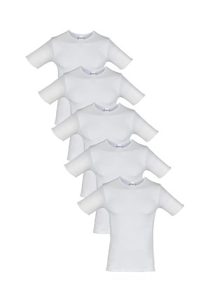 Five plain white short-sleeve crew neck t-shirts arranged in a staggered vertical stack on a white background.