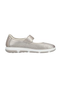 Silver perforated leather shoe with a round toe, adjustable strap, and a lightweight white rubber sole. Smooth texture with a breathable design.