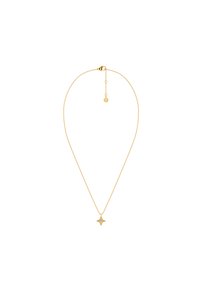 Zlatna ogrlica s lančićem koja ima privjesak u obliku zvijezde središnje ukrašen dragim kamenom. Lančić ima kopču i podesivu duljinu.