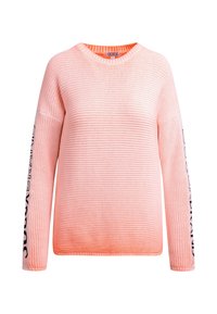 Light pink knit sweater with a crew neckline and long sleeves. Features contrasting black text on the left sleeve and a textured surface.