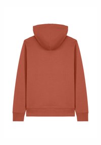 Capuchontrui in roestkleur. Gemaakt van zachte stof, met lange mouwen, ribgebreide manchetten en een ontspannen pasvorm. Effen achterkant zonder graphics.