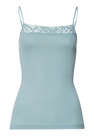 Camisola azzurro chiaro con spalline regolabili, bordo in pizzo lungo il colletto e una silhouette aderente realizzata in tessuto liscio e elastico.