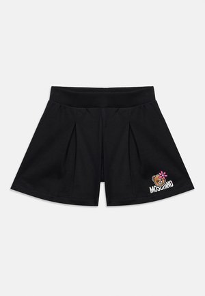 Shorts neri plissettati con vita a coste e una faccia di orso con fiore rosa e la scritta "Moschino" sulla gamba inferiore destra.