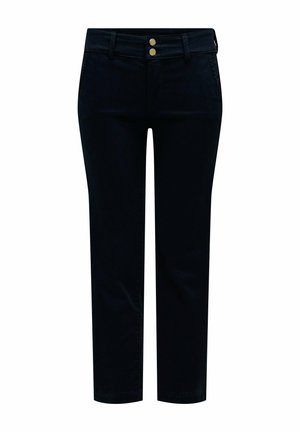 Pantalones negros de pierna recta con cintura de talle medio, doble botón dorado, trabillas para cinturón y bolsillos laterales.