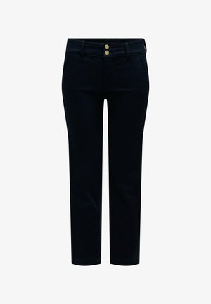 Pantalones negros de pierna recta con cintura de talle medio, doble botón dorado, trabillas para cinturón y bolsillos laterales.