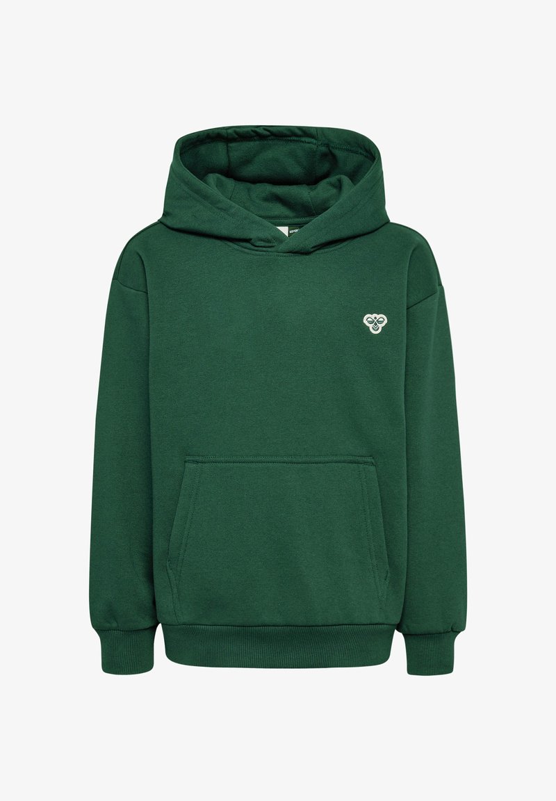 Grüne Kapuzenjacke aus Baumwollmischung mit einer vorderen Kängurutasche und kleinem Logo auf der Brust. Lange Ärmel mit gerippten Bündchen.