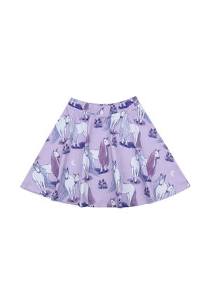 Lila Rock mit einem wiederholten Pferdemuster, mit einem ausgestellten Design und einem elastischen Bund. Hergestellt aus weichem, dehnbarem Stoff.