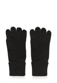 Schwarze Strickhandschuhe mit fünf Fingern, gerippten Handgelenkabschlüssen und einem strukturierten Stoff für Wärme und Komfort.
