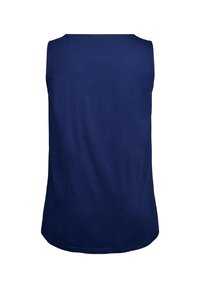 Bezrú sleeveless, tmavomodrý top vyrobený z jemnej bavlny. Má zaoblený výstrih a hladkú textúru. Bez viditeľných vzorov alebo doplnkov.