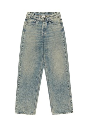 Light blue denim jeans with a high waist, straight leg, and subtle fading. Features standard five-pocket design and metal button closure.