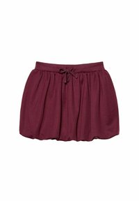 Burgundyskörtd av mjukt tyg, med dragsko i midjan, veckad design och en utsvängd silhuett. Slät textur genom hela.