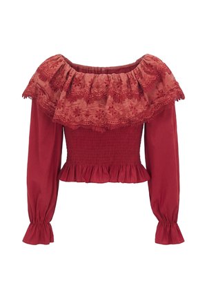 Rote off-shoulder-Bluse mit langen Ärmeln, geraffter Taille, Rüschensaum und breitem, mit Spitze besticktem Kragen.